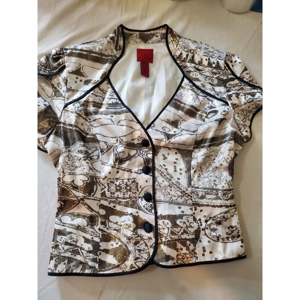 JS Collection Womens Blouse Size 16 Beige Brown Button Front Black Ribbon Belt - Picture 3 of 6